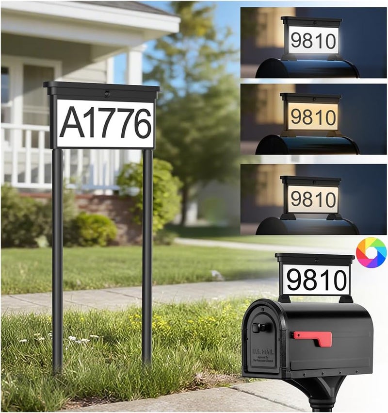LumiZen Upgraded Solar Address Sign, House Numbers for Outside Double Side, 12-Color Modes Lighting Address Plaque Outdoor Waterproof, Illuminated LED Address Numbers with Stakes for Yard Home Mailbox - Image 1